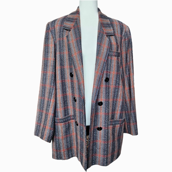 Vintage 90s Oversized Grey Red Blue Glen Plaid Hand Made Woolen Jacket Blazer 12 - Picture 12 of 15